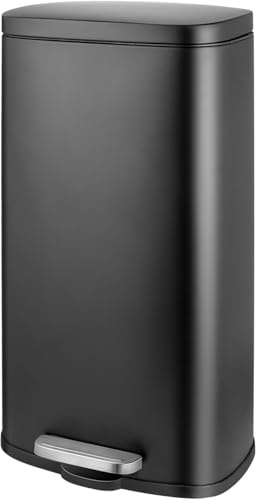 LIFERUN 30L Kitchen Bin, Black Soft Close Pedal Bin, Rubbish Bin with Lid | Brushed Stainless Steel, Removable Inner Bucket, Odour-Proof, Suitable for Kitchen, Office, Bathroom, Bedroom Daily Use