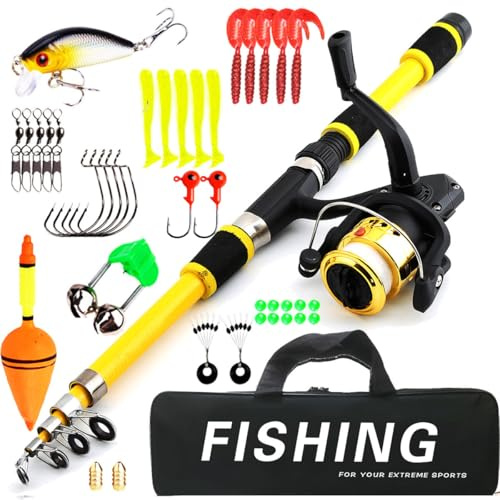 ADESUGATA 1.8m Fishing Rods Fishing Gear Sets,Reel Telescopic Fishing Rods Combo Complete Gear for Boys, Girls and Adults (Yellow)