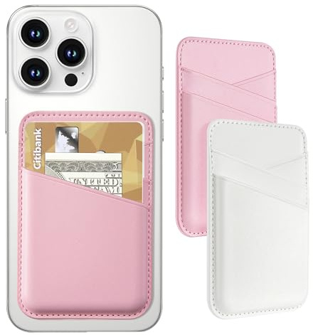 Senose Phone Wallet Stick on, 2 Pack Phone Card Holder for Phone Case, Leather Credit Card Sticky Wallet 3 Pockets Back of phone, Compatible for iPhone, Android, Samsung-White Pink
