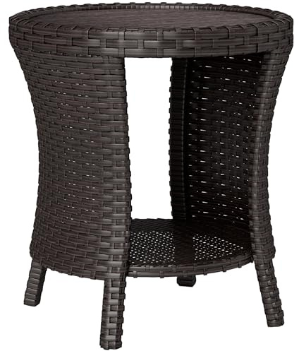 Outsunny 18 Outdoor Wicker Coffee Table, 2-Tier Patio Side Table with Storage, PE Rattan End Table with Composite Wood Top, Steel Frame for Garden Backyard Balcony, Mixed Brown