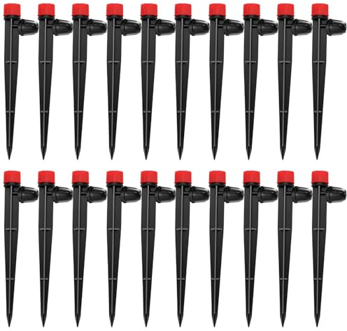 VooGenzek 20 PCS 360 Degree Adjustable Irrigation Dripper Sprinkler for 4/7 mm Garden Hose Irrigation System, Micro 8-Hole Stake Emitter Dripper with Barbed Connector, Water Flow Stake Emitter, Red