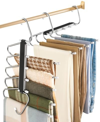 2 Pack Trouser Hangers Space Saving, 5-in-1 Trousers Hangers Non-Slip Clothes Hangers for Wardrobe, Multi-Layer Pants Hanger for Closet Organizers and Storage, Coat Hangers for Jeans Scarfs Tie Towel