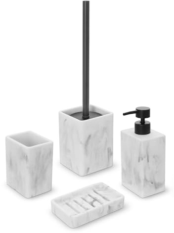 Set Accessori Bagno 4 Pezzi Con Dispenser Sapone Liquido, Bicchiere Porta Spazzolini, Porta Saponetta E Porta Scopino WC In Poliresina Effetto Marmo Bianco Della Linea Marmo