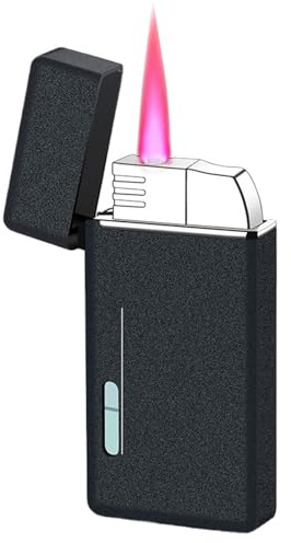 Briquet au Butane rétro à Couvercle Rabattable avec Flamme Rouge Coupe-Vent au Butane Visible, allumage par poussée, adapté aux Cadeaux de feu de Camp en Plein air (Butane Non Inclus)(Black)