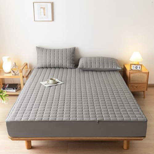 Coprimaterasso imbottito con cerniera matrimoniale, lenzuolo con angoli con cerniera per materasso matrimoniale/singolo/king lavabile antipolvere a 360° contenitore totale grigio 80 x 200 + 20 cm