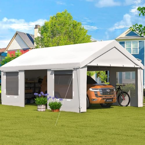 EROMMY Carport, 13x20 Ft Heavy Duty Carport with Roll-up Windows,Portable Garage with Removable Sidewalls, Car Canopy with All-Season Tarp for Tractor, Truck, Boat, White