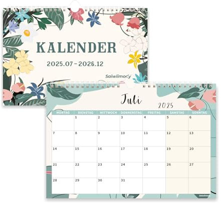 Saiwiimody Calendario de pared 2026, calendario de julio de 2025 a diciembre de 2026, planificador familiar con vacaciones, flores vegetales, calendario familiar para el hogar, oficina, calendario