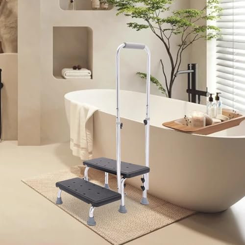 Pedana mobile di sicurezza per la vasca da bagno per anziani, pedana antiscivolo con 2 gradini e maniglia, altezza regolabile per vasche da bagno, letti e veicoli