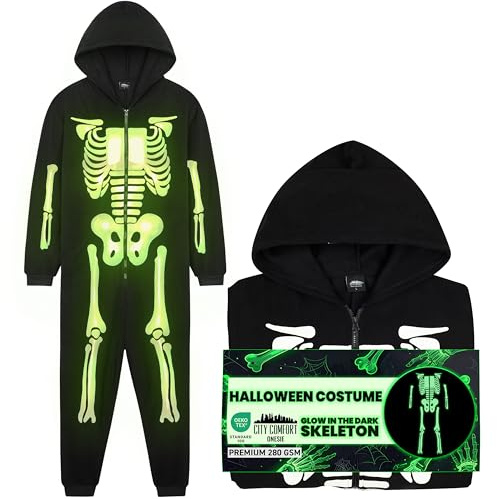 Get Trend Halloween Skelett Kostüm Kinder & Teens, Leuchtender Fleece Jumpsuit, Fasching, Karneval Geschenke für Jungs (9-10 Jahre, Schwarz)