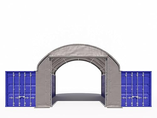 TOOLPORT Frontwand für Container Überdachung 6m Breite – PRIMEtex 2300 PVC Plane, grau, mit Easy-UP-Eingang