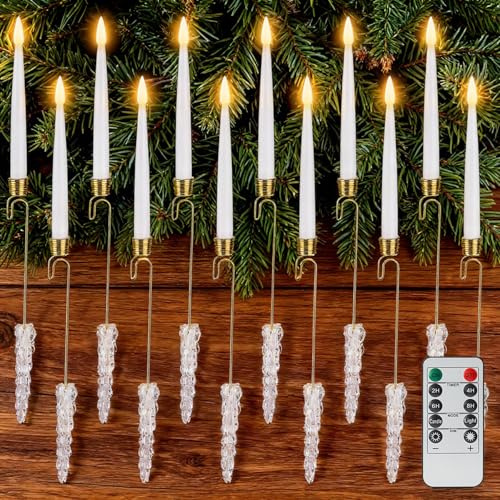 Rhytsing Lot de 12 bougies de sapin de Noël avec crochets en cristal et télécommande, bougies coniques LED à piles avec minuterie pour sapin de Noël et guirlande de cheminée