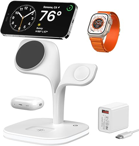 EXW Magnetic Wireless Charging Station,3 in 1 Mag-Safe Charger Stand for iPhone Air/17/16/15/14/13/12/Pro/Pro Max/Mini,Fast Charging Station for Apple Watch and for AriPods(White)
