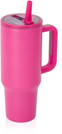 Y·J&H 40oz (1200ml) Travel Tumbler Double Wall Vacuum Insulated Coffee Mug Stainless Steel Coffee Cup with Handle and Flip Straw, BPA Free - Rose Red