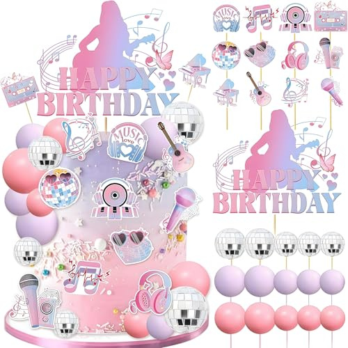 Singer Cake topper 28PCS Pink Cake Decoration with Music Superstar Happy Birthday Cake Topper and Disco Cupcake Decor for Lover's Concert Theme Birthday Party Supplies Music Fans Girls