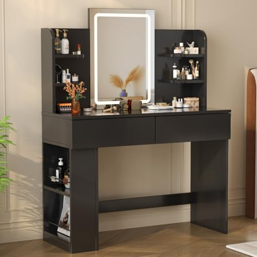 Devoko Toeletta Trucco con Luci LED 3 con Luminosità Regolabile,Tavolo da Trucco con Specchio, Ripiani Regolabili, 2 Cassetti, in Legno,Moderno (Nero, 108cm)