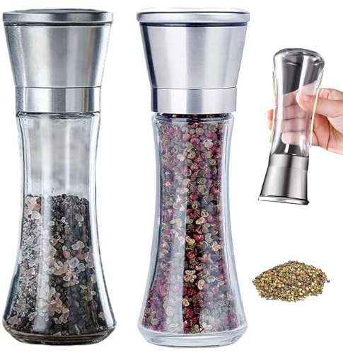 HAYGEM 2 Piezas Ceramic Stainless Steel Salt and Pepper Grinder Set, Molinillo Sal y Pimienta Manual, Encendido Apagado Ajustable Pimentero Magic, Utensilios de Cocina Tarro Sazonador de Especias