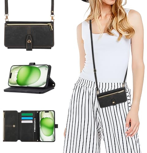ZCDAYE Hülle für iPhone 17 Pro Max mit Band Handykette, Leder Handyhülle Handytasche mit Kordel Kartenfächer Frauen Brieftasche Klapphülle zum Umhängen iPhone 17 Pro Max (6.9 inches)-Schwarz
