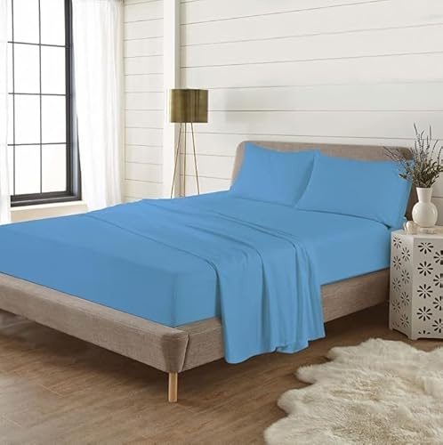 London Dream 4pc Flannelette Sheets Set (Fitted Sheet + Top Flat Sheet + Pillow Cases Pair) 100% Brushed Cotton Flannel Bed Sheet Sets (Blue, Super King)