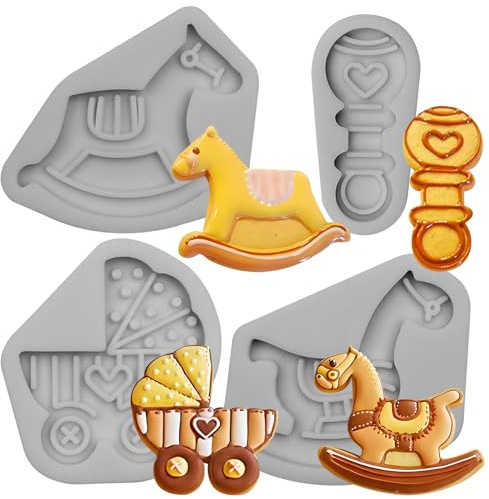 Silikon-Formen für die Babytaufe, Schaukelpferd-Motiv, 4-teiliges Set | Design im Kinderwagen-Stil, BPA-frei, geeignet für Tauffeiern, als Tortendekoration, für Pralinen, Plätzchen und Bonbons