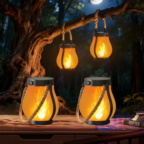 Nzkeuf Solar Lantern Outdoor Lights,Waterproof Dancing Flame Lantern USB & Solar Powered, Hemp Rope Hanging Garden Decorations (4 Pcs)