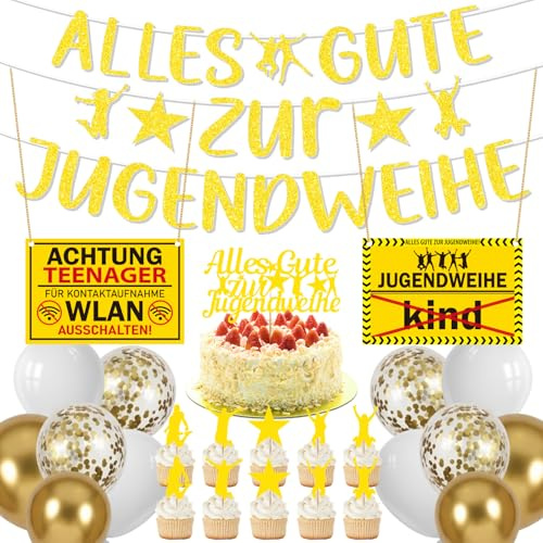 Jugendweihe Deko Banner Set - 28 Stück Gold jugendweihe Geschenke Wandschild Kuchen Deko Und Luftballons, Hängende Dekoration Girlande für Jungen Mädchen bei Feiern Party