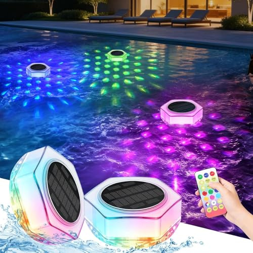 Yomistar 2 Stück Poolbeleuchtung Solar Teich Deko mit Fernbedienung | Pool Lichter Unterwasser Dimmbar Farbwechselnde Schwimmende Poollampe Wasserdicht Floating Lights für Whirlpool Badewanne