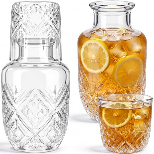 Xygobla Bedside Water Carafe Set 500ml Glass | 500ml Glass Juice Pitcher Pitcher Decanter & 150ml Cup Tumbler Glass Set Nightstand Bedroom Bathroom Kitchen B Style