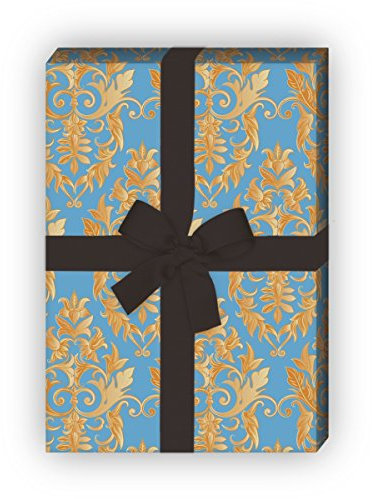 Kartenkaufrausch Elegantes Geschenkpapier Set 4 Bogen, Dekorpapier, Musterpapier zum Einpacken mit feierlichem Damast Muster, blau, für schöne Geschenk Verpackung, Designpapier 32 x 48cm