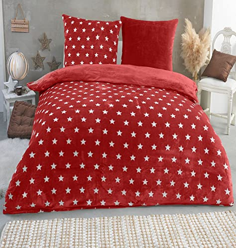 MALIKA Warme Winter Plüsch Sterne Wende-Bettwäsche Nicky-Teddy 'Cashmere Touch' Coral Fleece viele Farben & Größen, Farbe:Weinrot, Größe:200 x 200 cm