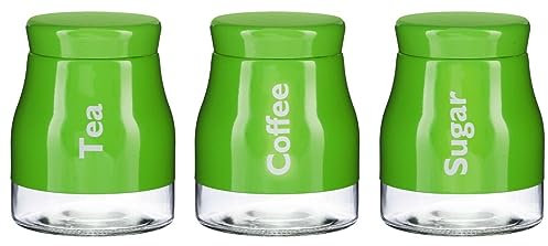 Rammento Set of 3 14.5cm Glass Green Tea Coffee Sugar Canisters | 900ml Airtight Screw Lid Jars for Kitchen Storage & Organisation | Large Caddy Set with Stainless Steel Sleeve | Kitchen Canisters Set