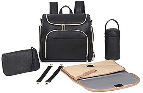 LJHSS Baby Wickeltasche Rucksack - Licht Wickelrucksack Lässig Wasserdicht Wickeltasche Multifunktional Große Kapazität Wickeltasche Rucksack Babytasche Große PU-Leder (Color : Black)