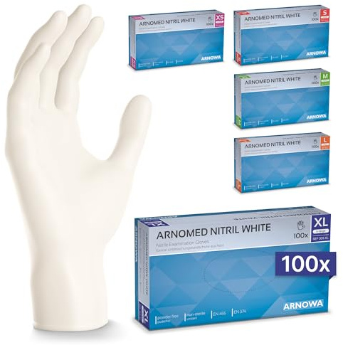 100x ARNOMED® Guanti nitrile XL Bianco, Guanti monouso senza polvere e lattice, Guanti plastica usa e getta dermanytril, Per cucina, pulizia casa, alimenti e tattoo XS, S, M, L, XL | Guanti monouso in nitrile senza polvere - Guanti protettivi monouso in nitrile - Taglie XS, S, M, L, XL