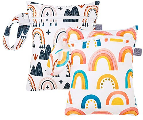 Happy Cherry 2er Pack Nasstaschen Klein Windelbeutel Waschbar Wet Bag Set für Stoffwindeln Stoffdruck Wickeltasche Unterwegs Kindergarten Baby Rainbow