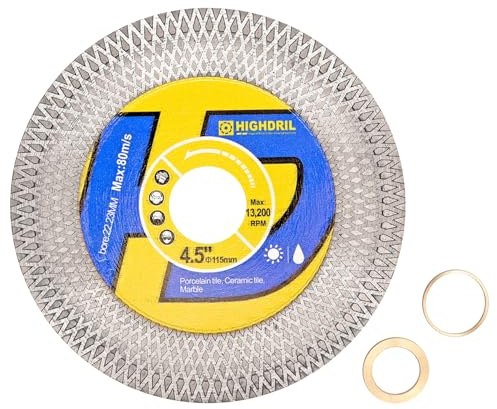 HIGHDRIL Lama per sega diamantata per piastrelle, disco da taglio ruota 4.5/115mm per taglio a secco/bagnato e rettifica porcellana granito marmo ceramica pietra artificiale
