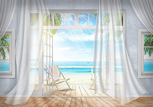 Fotomural Balcón Vista Mar Playa, Marrón, XL, Murales De Pared, Mural, Fondos De Pantalla Con Motivos, Fondos De Pantalla De Seda, Ventana, Palmeras, Cielo-200x100 CM