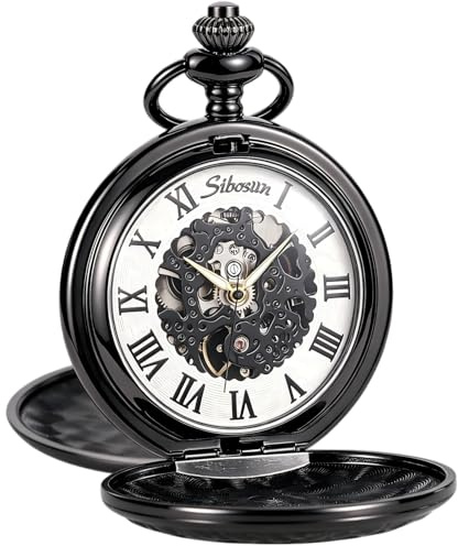 SIBOSUN Taschenuhr Herren Taschenuhren Mechanische Taschenuhr mit Kette Römische Ziffern Zifferblatt Skelett Männer Frauen - Geschenke für Papa, Opa, Ehemann, Freund