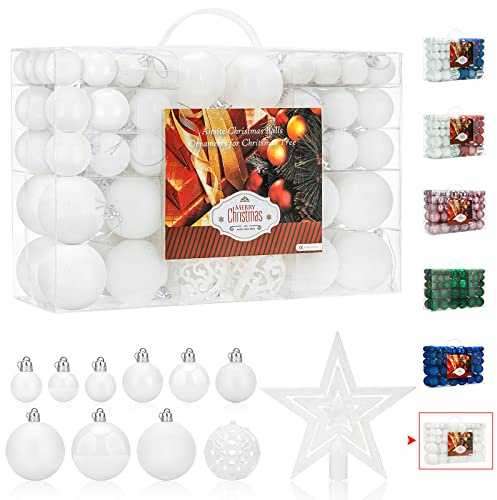Aitsite 100 Stück Christbaumkugeln Weiß Weihnachtskugeln 6CM/4 cm/2 cm Kunststoff Christbaumschmuck Wandbehang Ornamente Weihnachtsbaum Kugeln Flitter Tür Dekorationen Festival Dekore