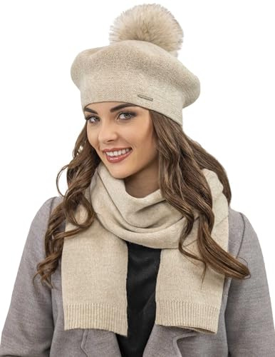 VIVISENCE Winter Baskenmütze Mit Bommel Für Damen Klassischem Herbst Frauen Mütze Schnitt Warmem Garn Mit Wollezusatz Eleganter Wintermütze Ideal Für Kalte Wintertage Modell 7035