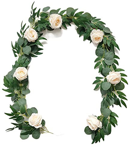 Weihnachtskranz, 1,8 m, künstliche grüne Eukalyptus-Girlande, Blätter, Rebe mit Rosenblüten, Wandbehang, Pflanzen, Efeu-Kranz, Dekoration für den Hochzeitskranz zu Hause