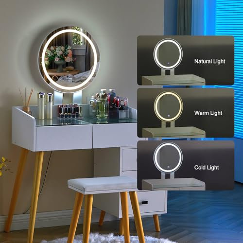 LEMROE Tavolo da toeletta con illuminazione a LED, tavolo da toeletta con piano in vetro temperato, tavolo cosmetico con 5 cassetti e sgabello imbottito per camera delle ragazze