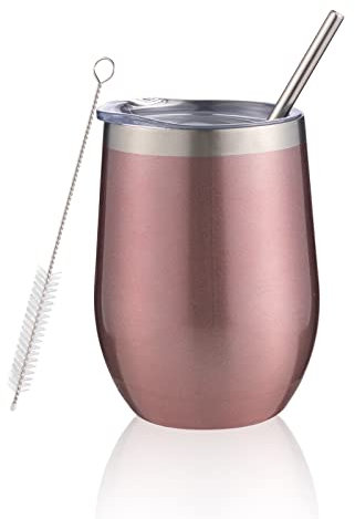 Vaso de vino aislado de 12 onzas con tapa y popote, vaso de vino de acero inoxidable sin tallo, vasos de vino de doble pared al vacío a granel para café, champaña, cerveza, cóctel, oficina (oro rosa