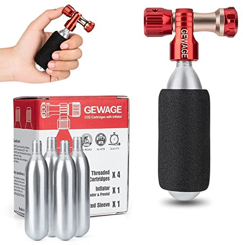 GEWAGE CO2 Luftpumpe für Fahrradreifen - CO2 Fahrradpumpe inkl. 4 Pack CO2 Kapseln 16g mit Gewinde und kompatiblen Presta & Schrader Ventil für Mountainbike und Rennrad. (Rot)