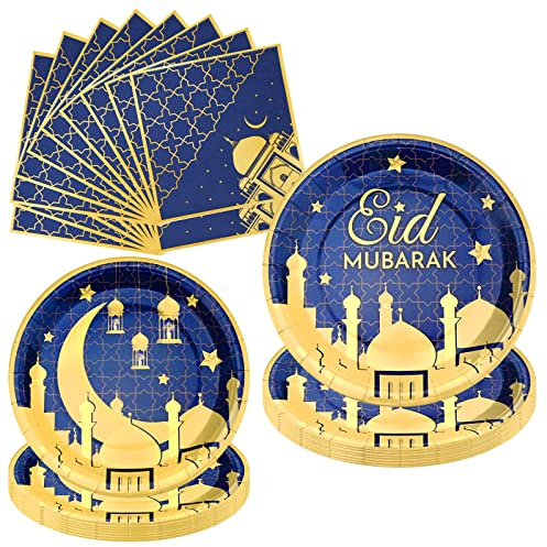 32 Pièces Set de Vaisselle de Eid Ramadan Mubarak Fournitures pour Fête de l'Aïd Mubarak,Assiettes et Serviettes en Papie Étoile Lune pour Eid Islam Fêtes Musulmane Dîner Dessert Assiete Décoration