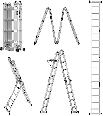 Telescopic Ladders 4.7M, Multi-Purpose Aluminum Extension Ladder 7 in 1, Foldable Lightweight Scaffold Ladder For RV, Attic, Home and outdoor work, Max capacity 150KG
