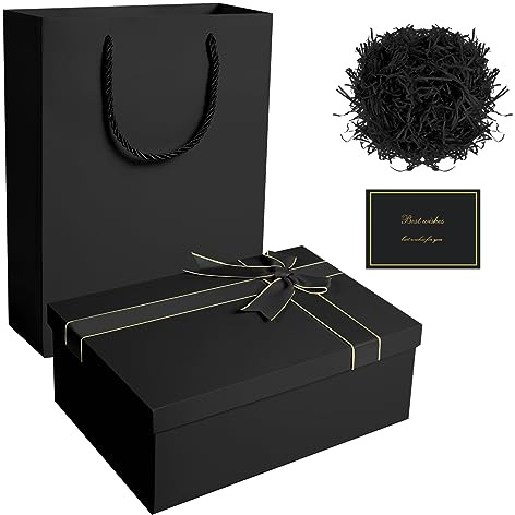 FUYOAL Black Gift Box, Luxury Gift Boxes w/ Lids Ribbon Greeting Card Shredded Paper & Paper Gift Bag Jewellery Gift Boxes Valentines Day Presents Birthday Wedding Anniversaries(22 * 16 * 8.5cm)