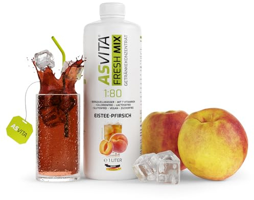 AsVita Boisson concentrée Fresh Mix 1:80 - Bouteille de 1 litre - Sirop de boisson sans sucre - 26 saveurs délicieuses (thé glacé et pêche) - Boisson vitale avec 7 viatamines