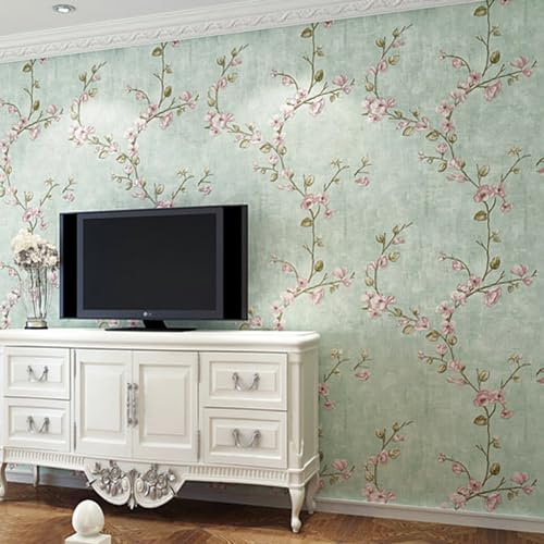 HimYKEA Papier peint non tissé rustique de campagne américaine, motif petites fleurs, arbre, style rétro, pour chambre à coucher, salon, vert clair, 5 x 100 cm (l x L)