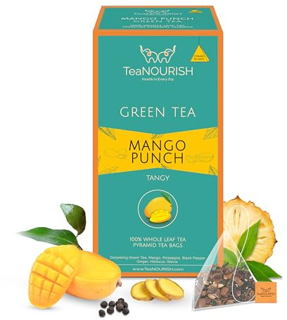 TeaNOURISH Mango Punch Grüntee | 20 Pyramiden-Teebeutel | Darjeeling ganzer Tee | Köstlicher Fruchtaufguss | Echte Mango | 100% NATÜRLICHE ZUTATEN