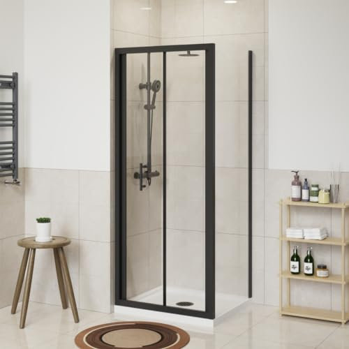 NRG 760 x 700mm Bathroom Bi- Fold Shower Door Shower Enclosures Black Framed with Side Panel