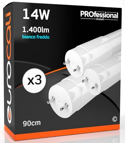 Eurocali 3x Tubi LED 90cm G13 T8 14W 1400 lumen - Luce Bianco Freddo 6500K - Fascio Luminoso 160° - Sostituzione